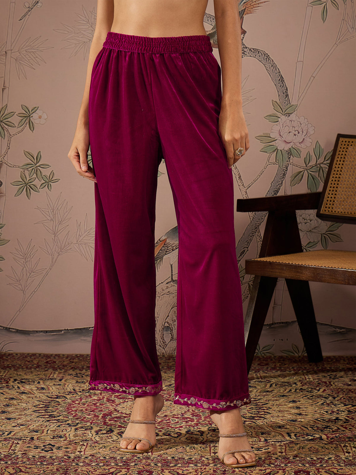 Fuchsia Velvet Hem Embroidered Straight Pants -Shae by SASSAFRAS