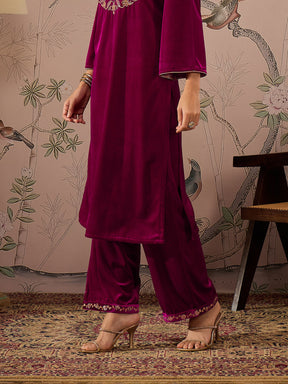 Fuchsia Velvet Hem Embroidered Straight Pants -Shae by SASSAFRAS