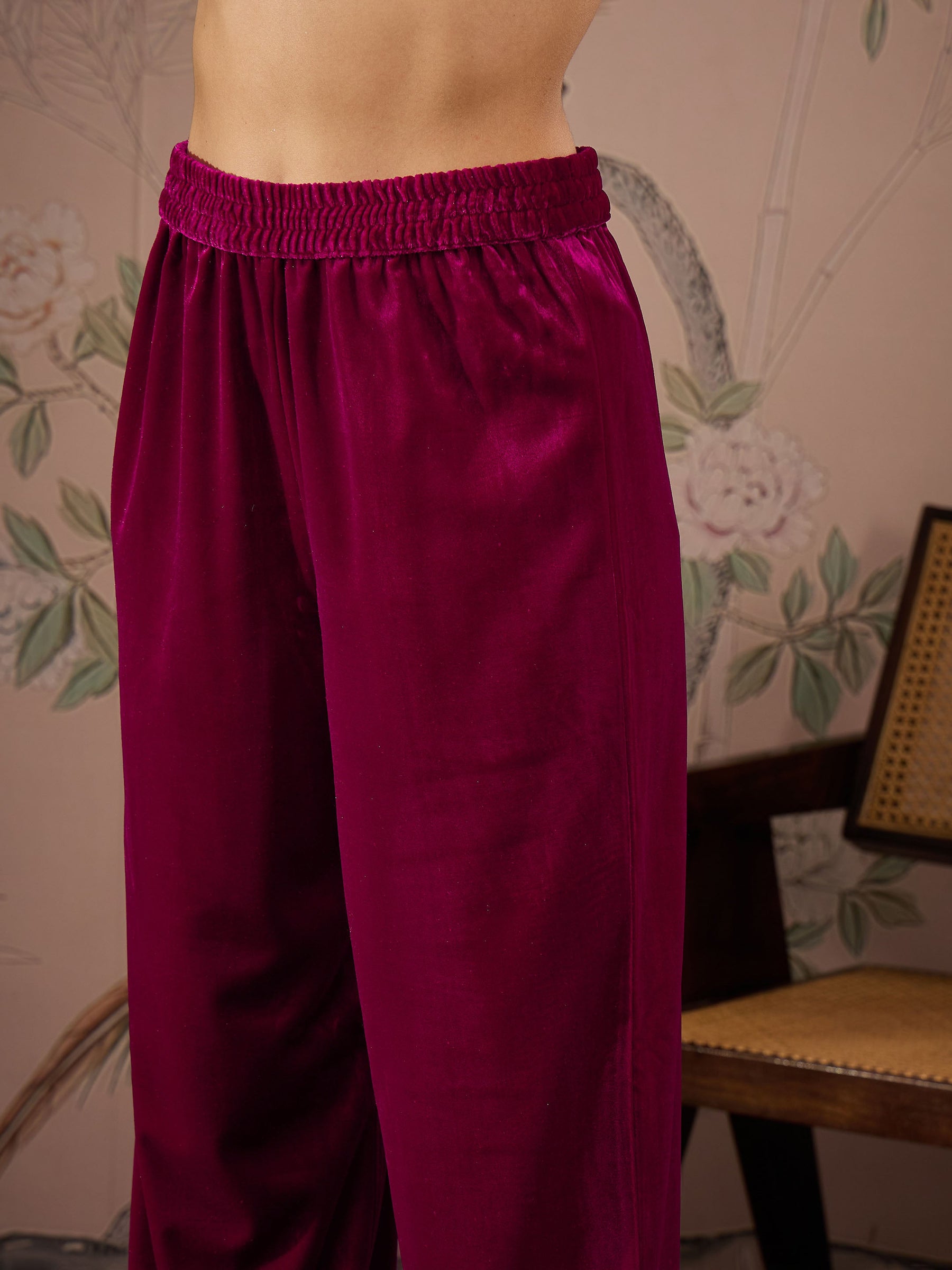 Fuchsia Velvet Hem Embroidered Straight Pants -Shae by SASSAFRAS