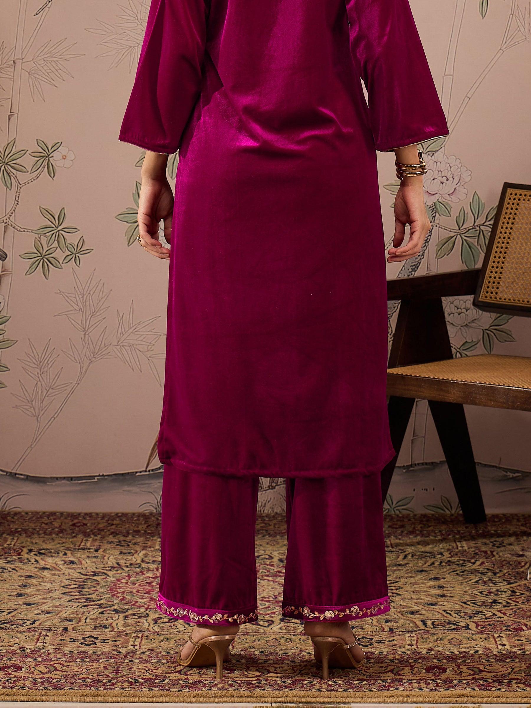 Fuchsia Velvet Hem Embroidered Straight Pants -Shae by SASSAFRAS