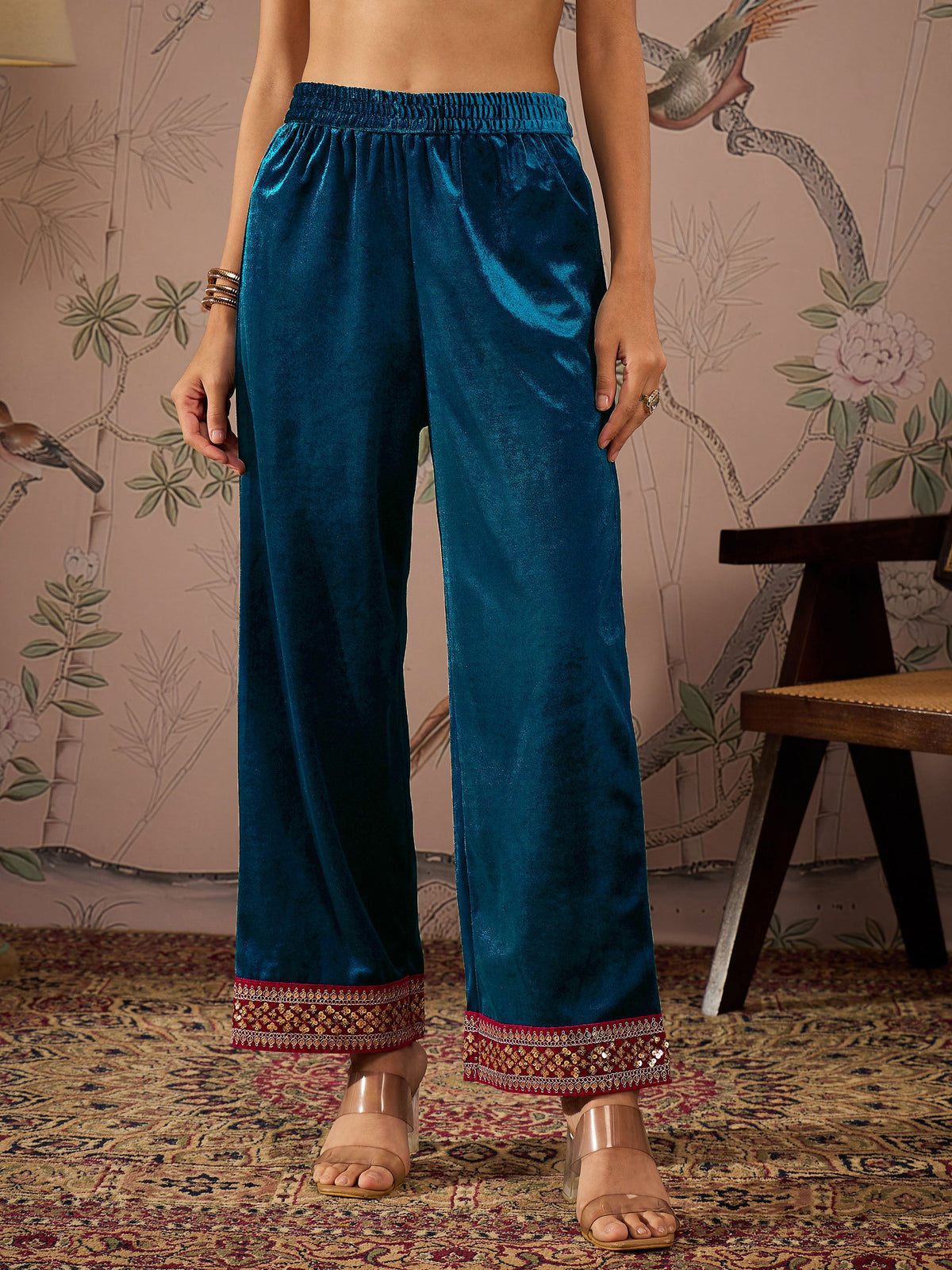 Teal Velvet Hem Embroidered Straight Pants-Shae by SASSAFRAS