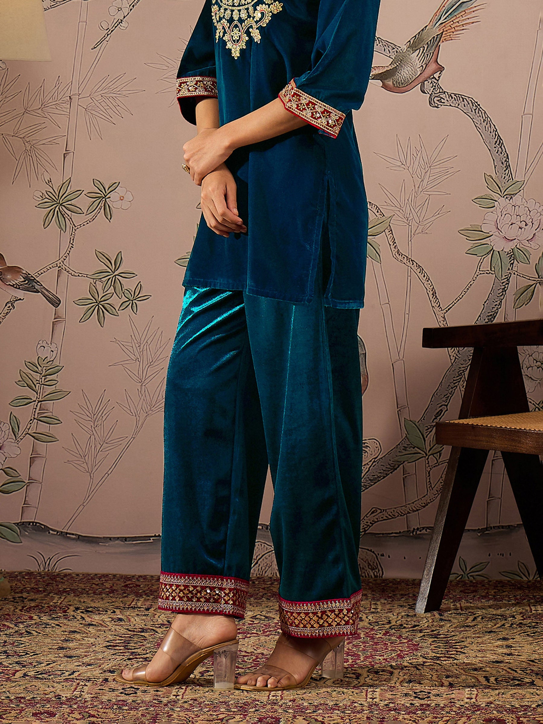 Teal Velvet Hem Embroidered Straight Pants-Shae by SASSAFRAS