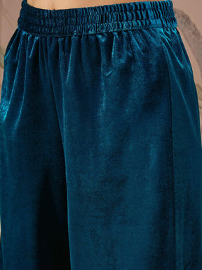 Teal Velvet Hem Embroidered Straight Pants-Shae by SASSAFRAS