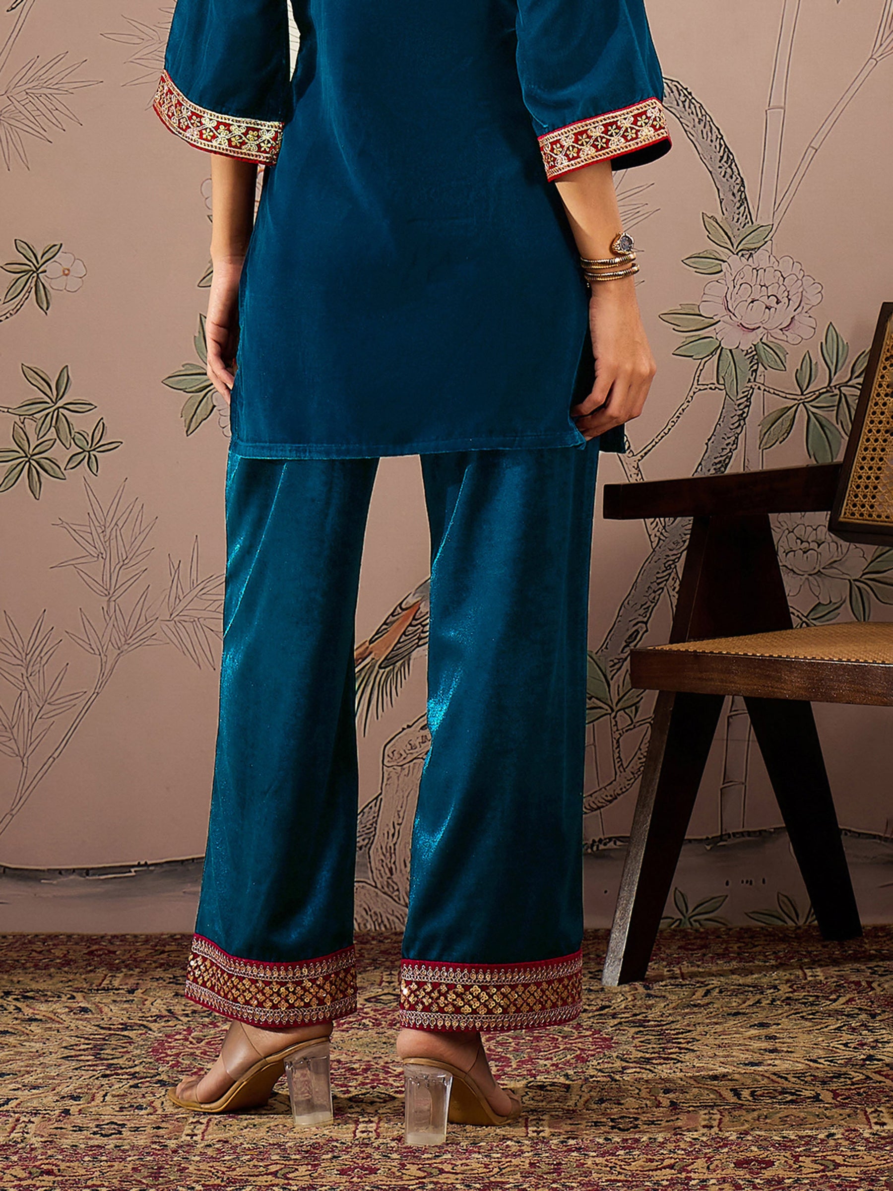 Teal Velvet Hem Embroidered Straight Pants-Shae by SASSAFRAS