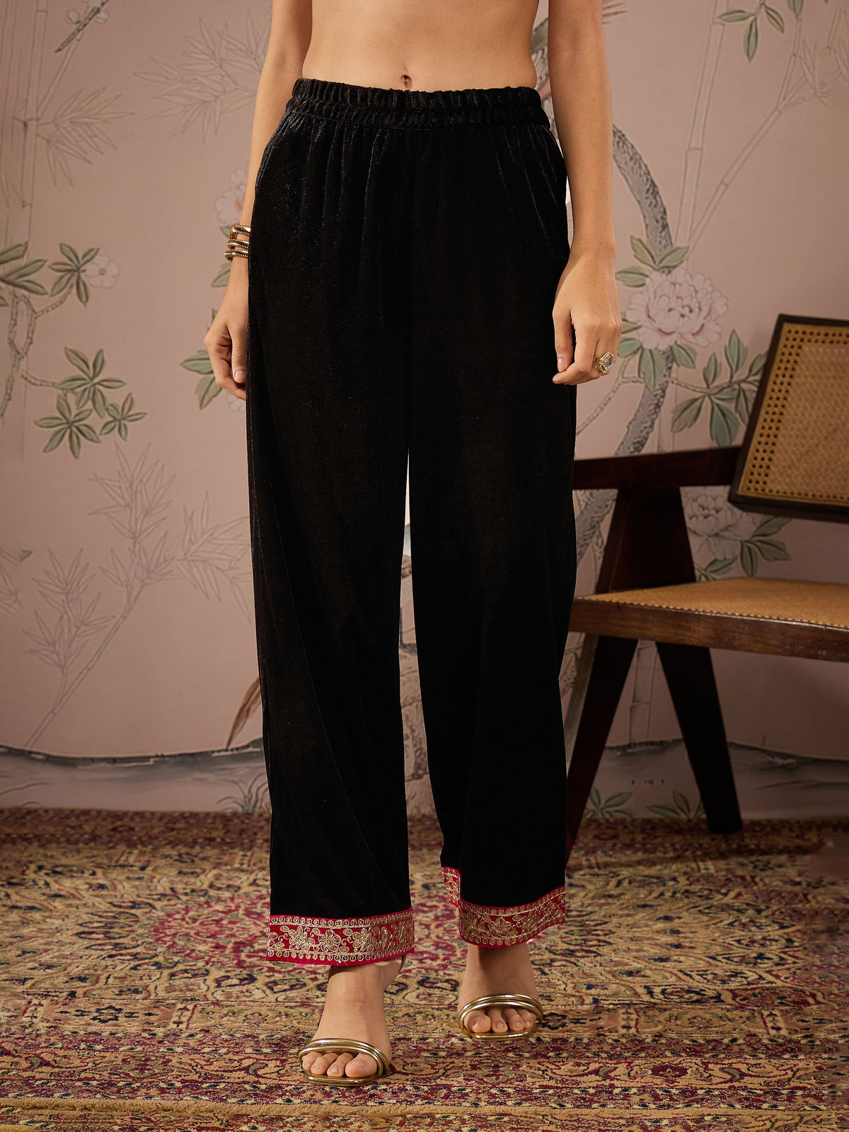 Black Velvet Hem Embroidered Elasticated Straight Pants-Shae by SASSAFRAS