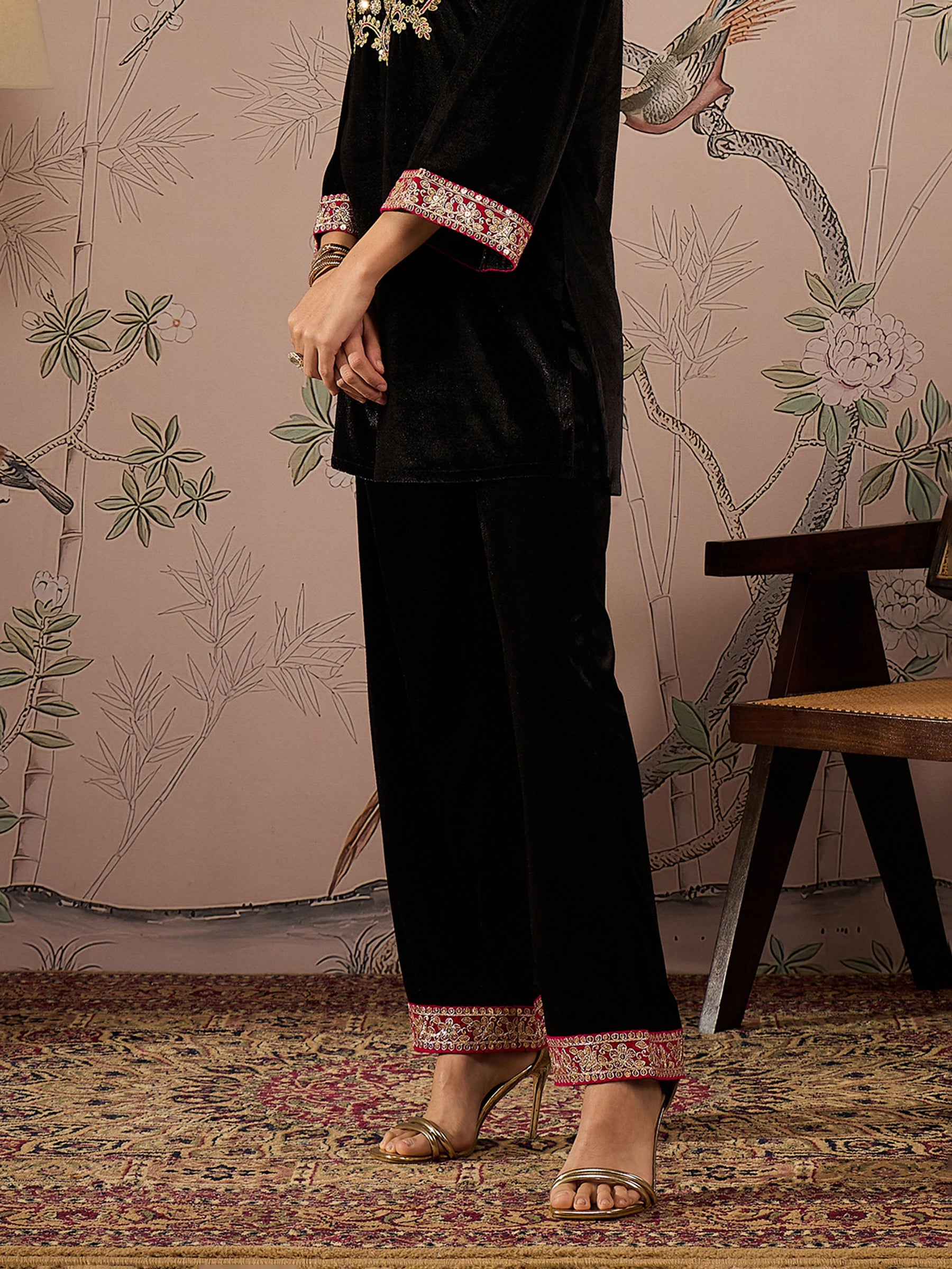 Black Velvet Hem Embroidered Elasticated Straight Pants-Shae by SASSAFRAS