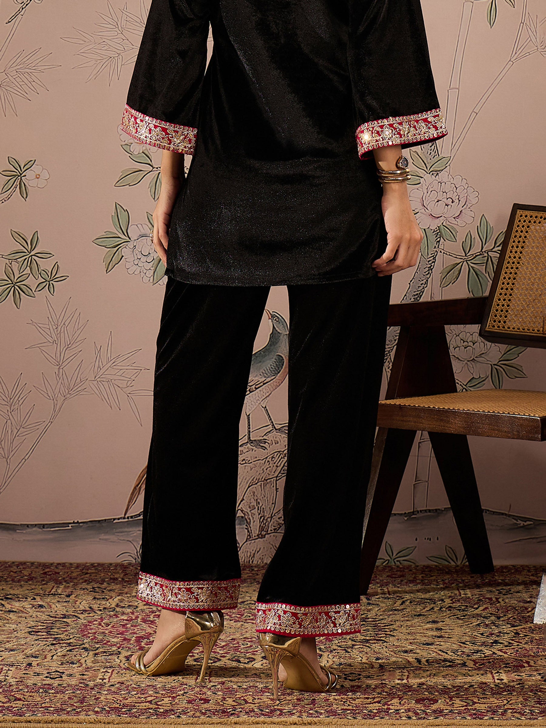 Black Velvet Hem Embroidered Elasticated Straight Pants-Shae by SASSAFRAS