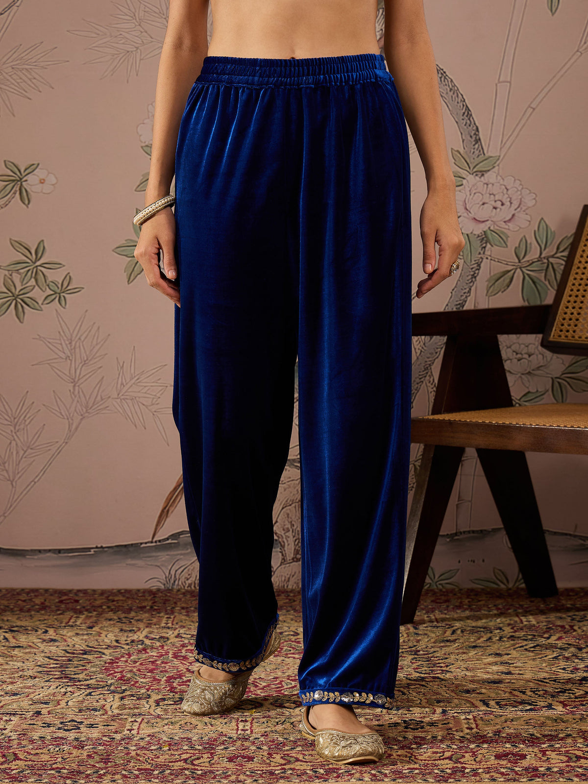 Royal Blue Hem Embroidered Straight Pants-Shae by SASSAFRAS