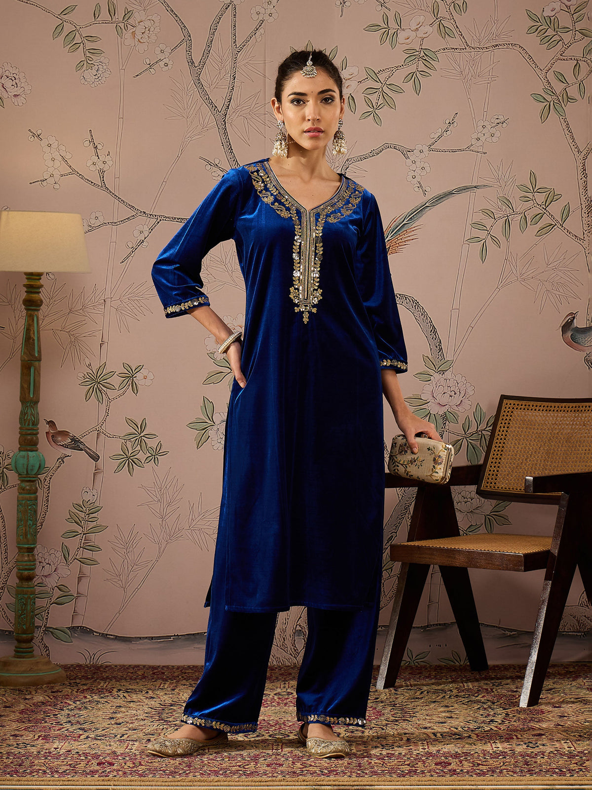 Royal Blue Hem Embroidered Straight Pants-Shae by SASSAFRAS