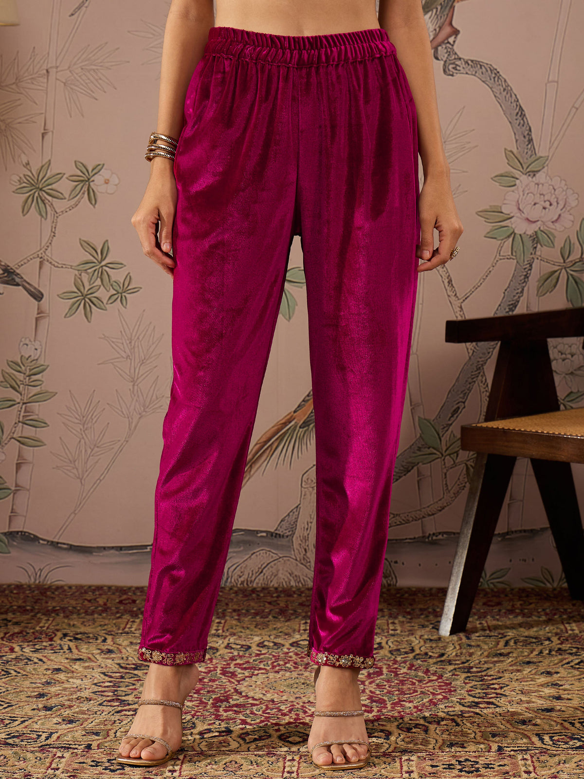 Fuchsia Velvet Hem Embroidered Pencil Pants -Shae by SASSAFRAS