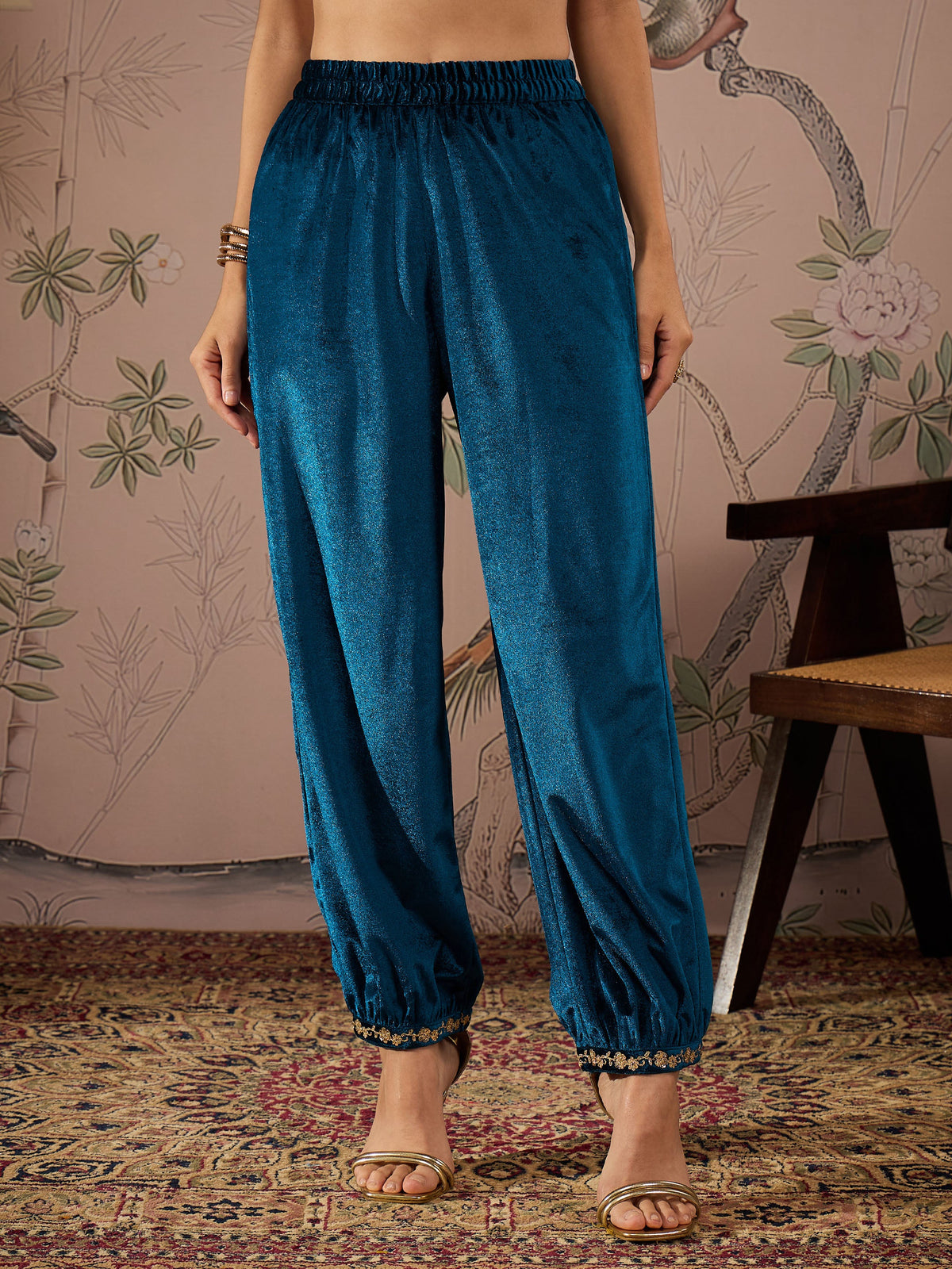 Teal Velvet Hem Embroidered Afghani Pants -Shae by SASSAFRAS