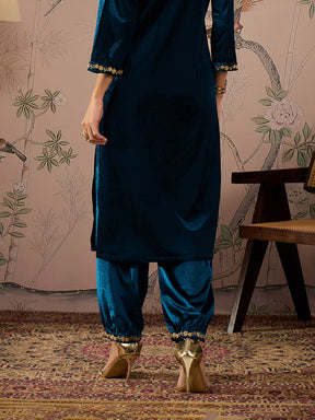 Teal Velvet Hem Embroidered Afghani Pants -Shae by SASSAFRAS