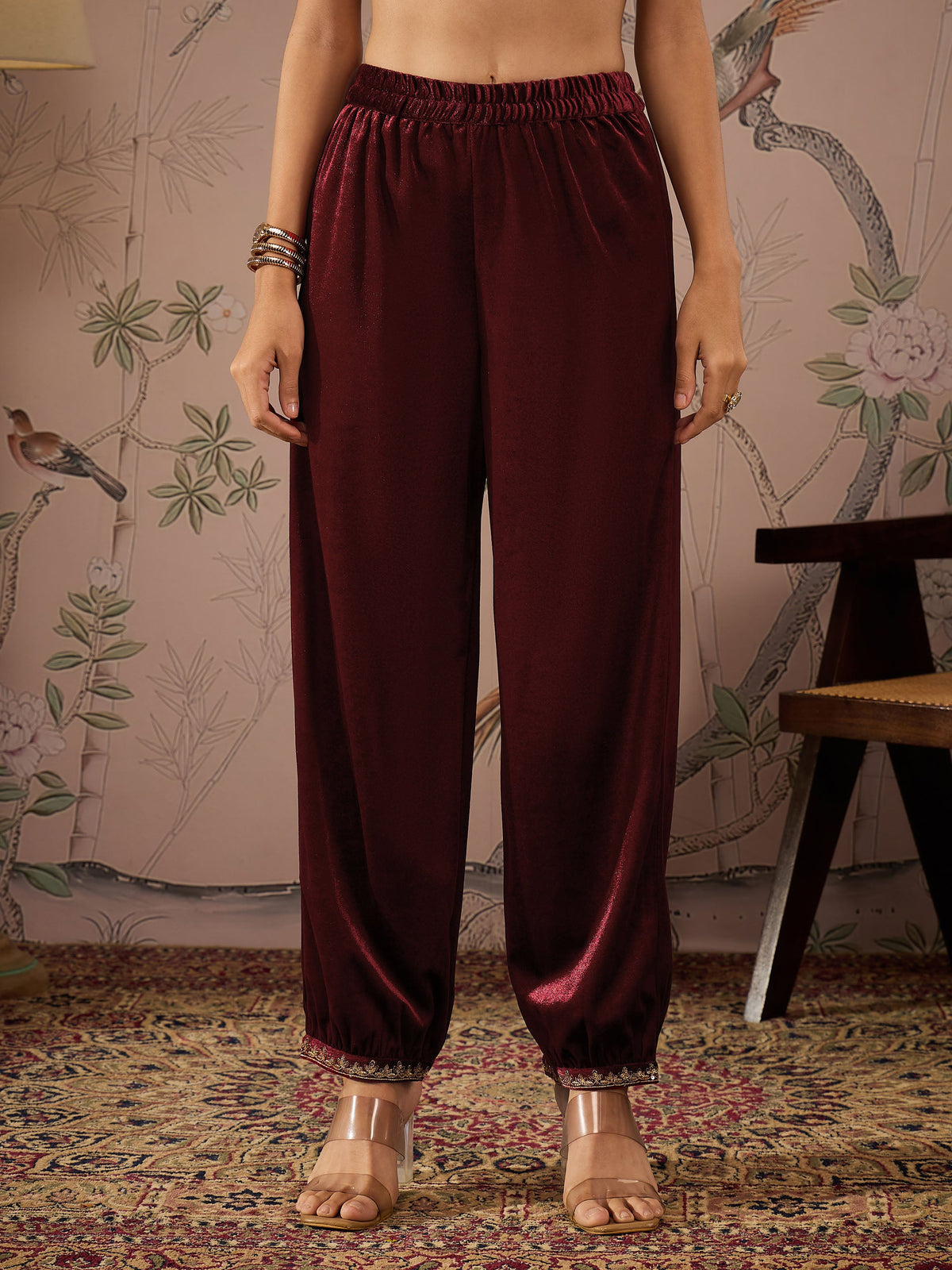 Maroon Velvet Hem Embroidered Afghani Pants -Shae by SASSAFRAS