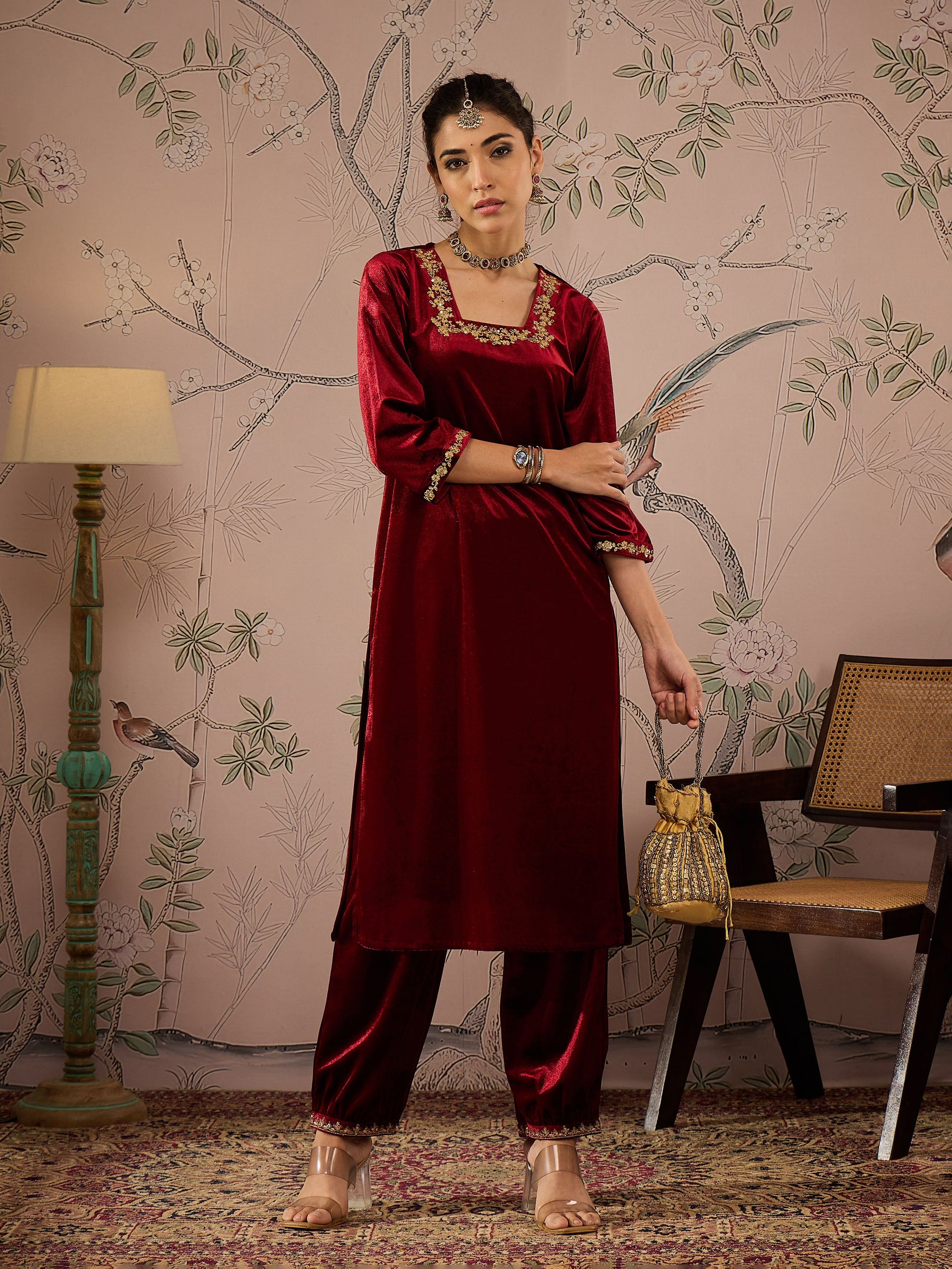 Maroon Velvet Hem Embroidered Afghani Pants -Shae by SASSAFRAS