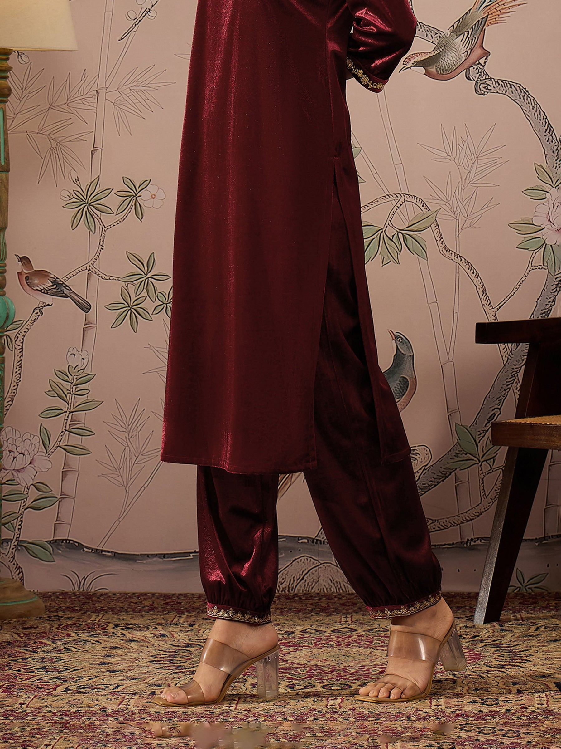 Maroon Velvet Hem Embroidered Afghani Pants -Shae by SASSAFRAS