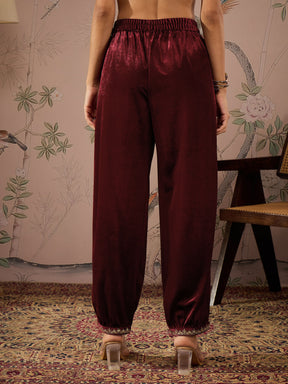 Maroon Velvet Hem Embroidered Afghani Pants -Shae by SASSAFRAS