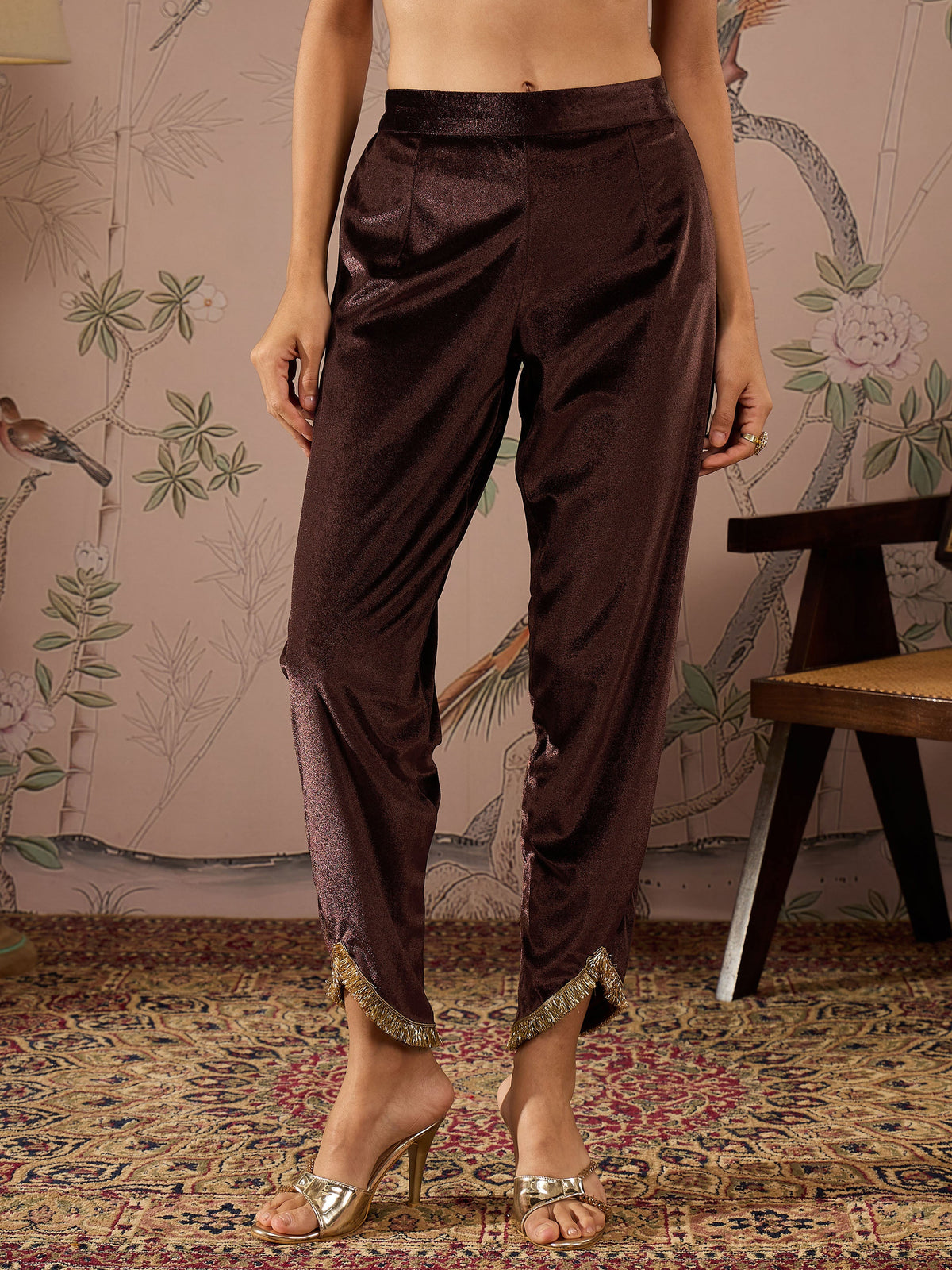 Brown Velvet Hem Lace Detail Tulip Pants -Shae by SASSAFRAS