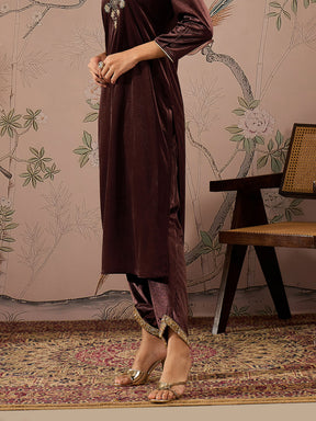 Brown Velvet Hem Lace Detail Tulip Pants -Shae by SASSAFRAS