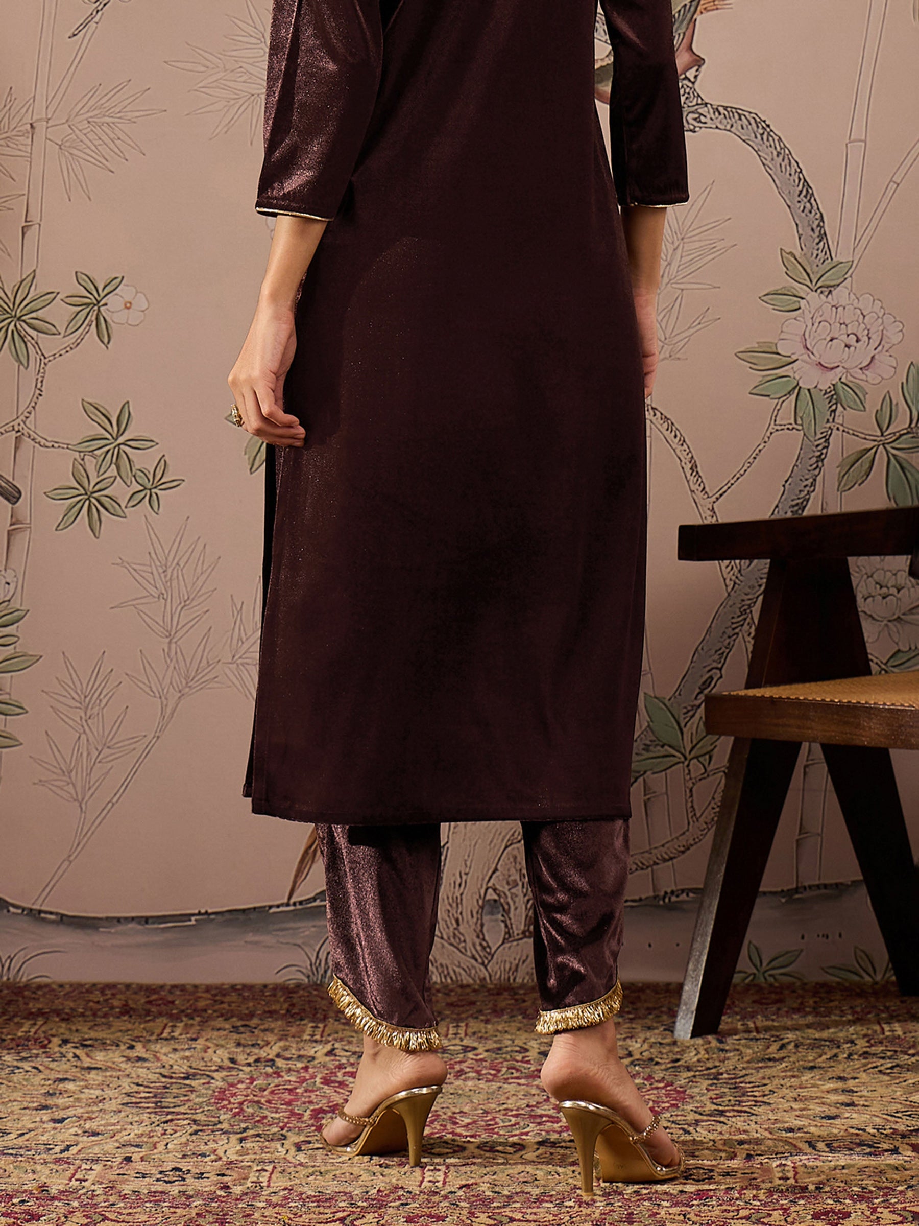 Brown Velvet Hem Lace Detail Tulip Pants -Shae by SASSAFRAS