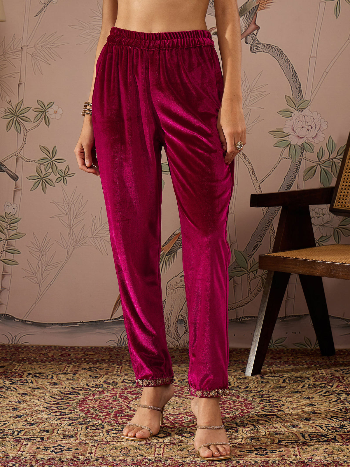 Fuchsia Velvet Elasticated Straight Pants -Shae by SASSAFRAS