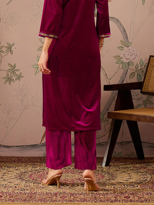 Women Fuchsia Velvet Elasticated Straight Pants