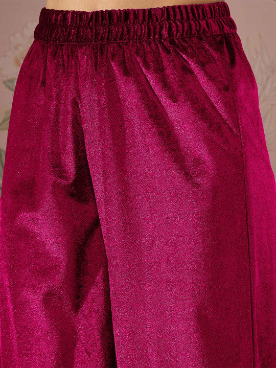 Women Fuchsia Velvet Elasticated Straight Pants