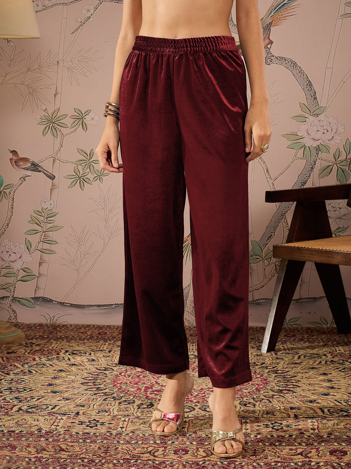 Maroon Velvet Elasticated Straight Pants -Shae by SASSAFRAS