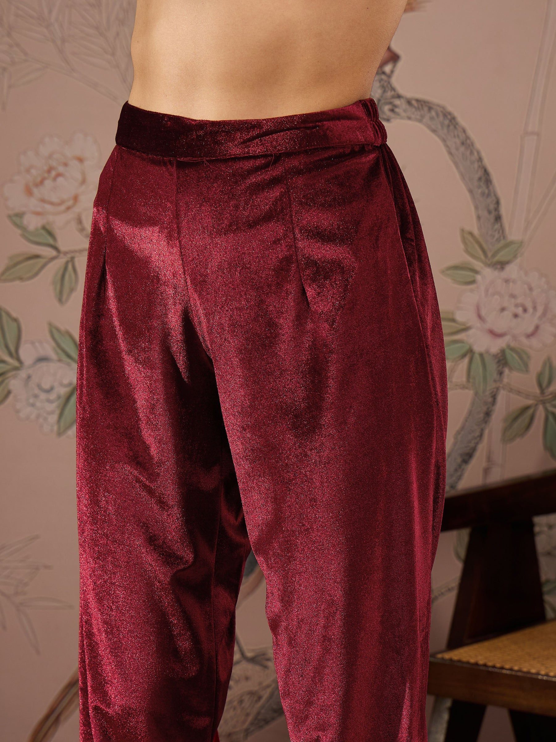 Maroon Velvet Elasticated Straight Pants -Shae by SASSAFRAS