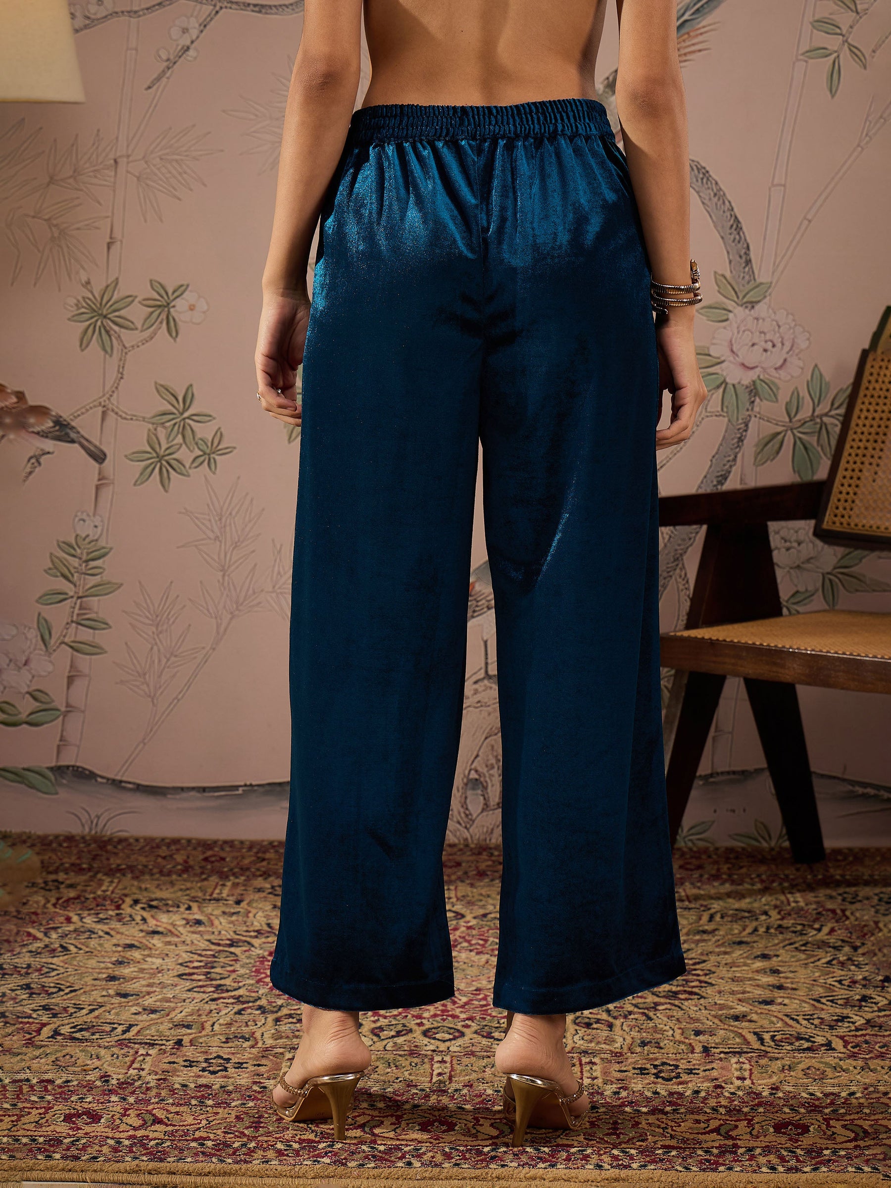 Teal Velvet Elasticated Straight Pants -Shae by SASSAFRAS