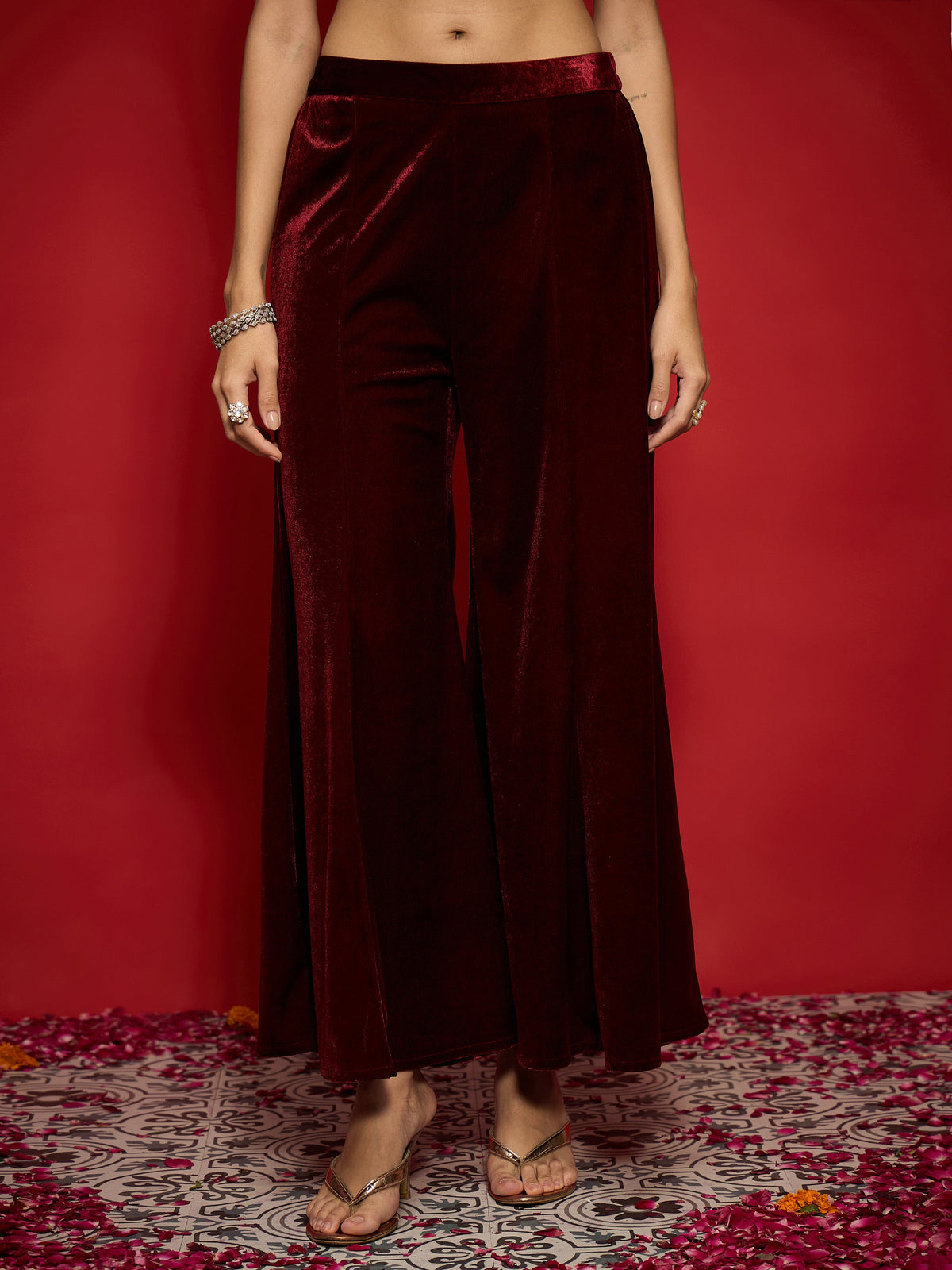 Maroon Velvet Flared Palazzos-Shae by SASSAFRAS