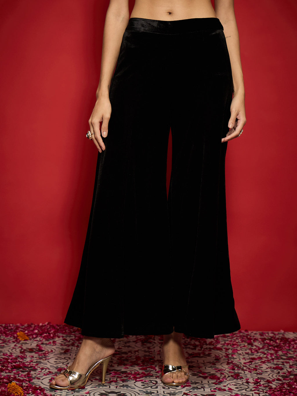 Women Black Velvet Flared Palazzos1