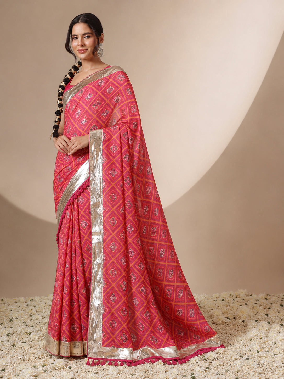 Pink Patola Saree With Pink Unstitched Blouse-Shae by SASSAFRAS