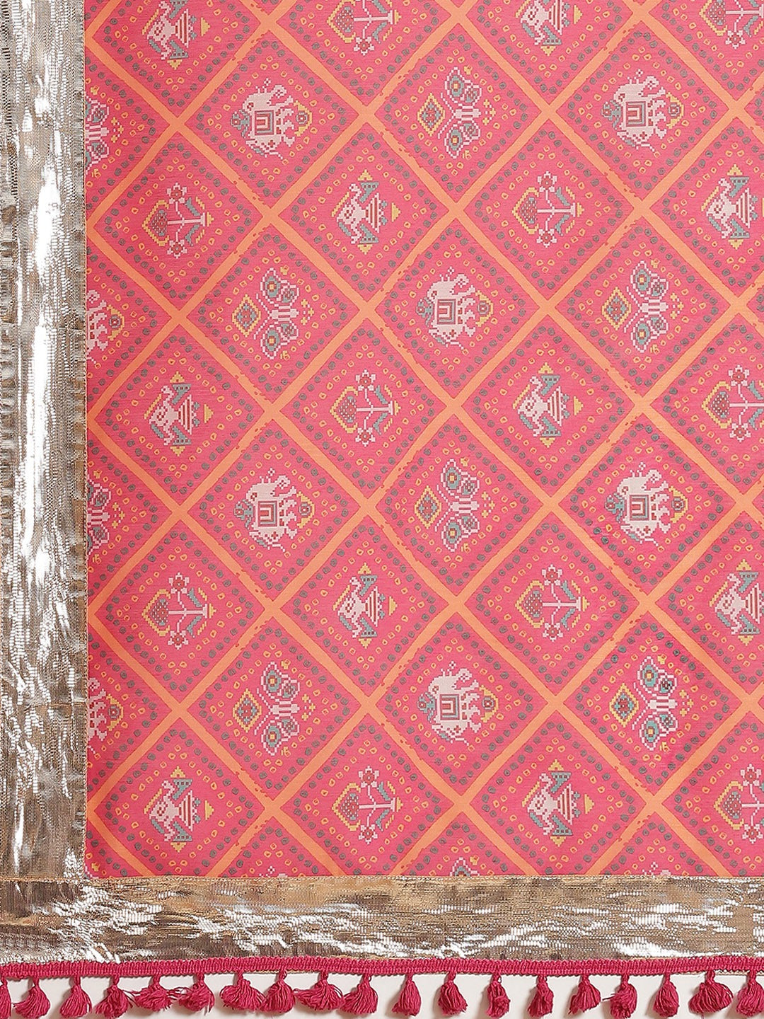 Women Pink Patola Saree With Pink Unstitched Blouse