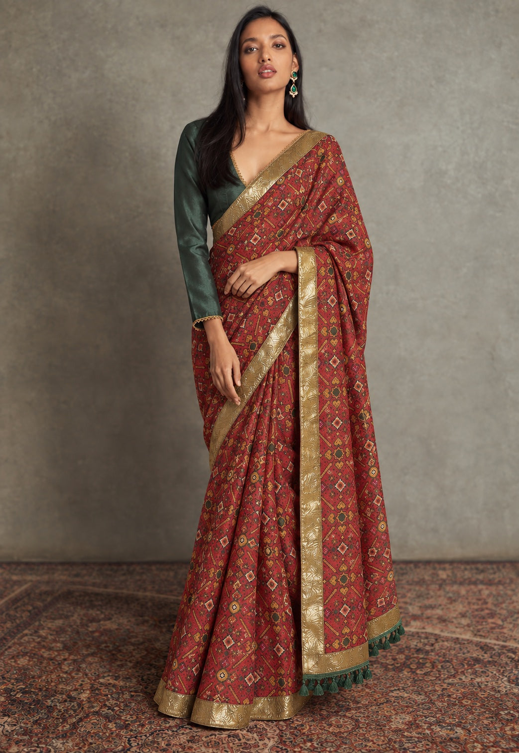 Maroon Patola Saree With Green Unstitched Blouse-Shae by SASSAFRAS