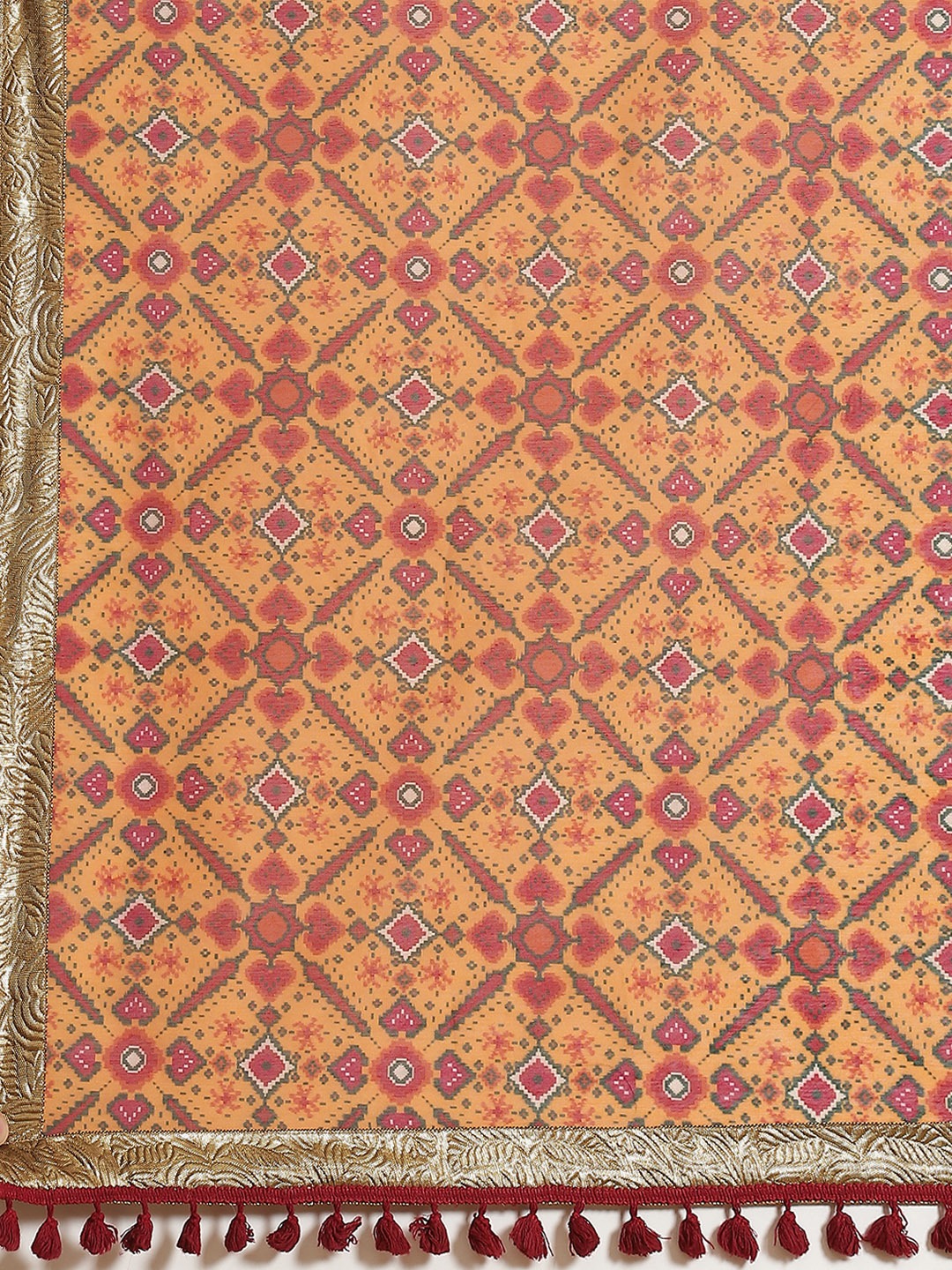 Women Mustard Patola Saree With Maroon Unstitched Blouse