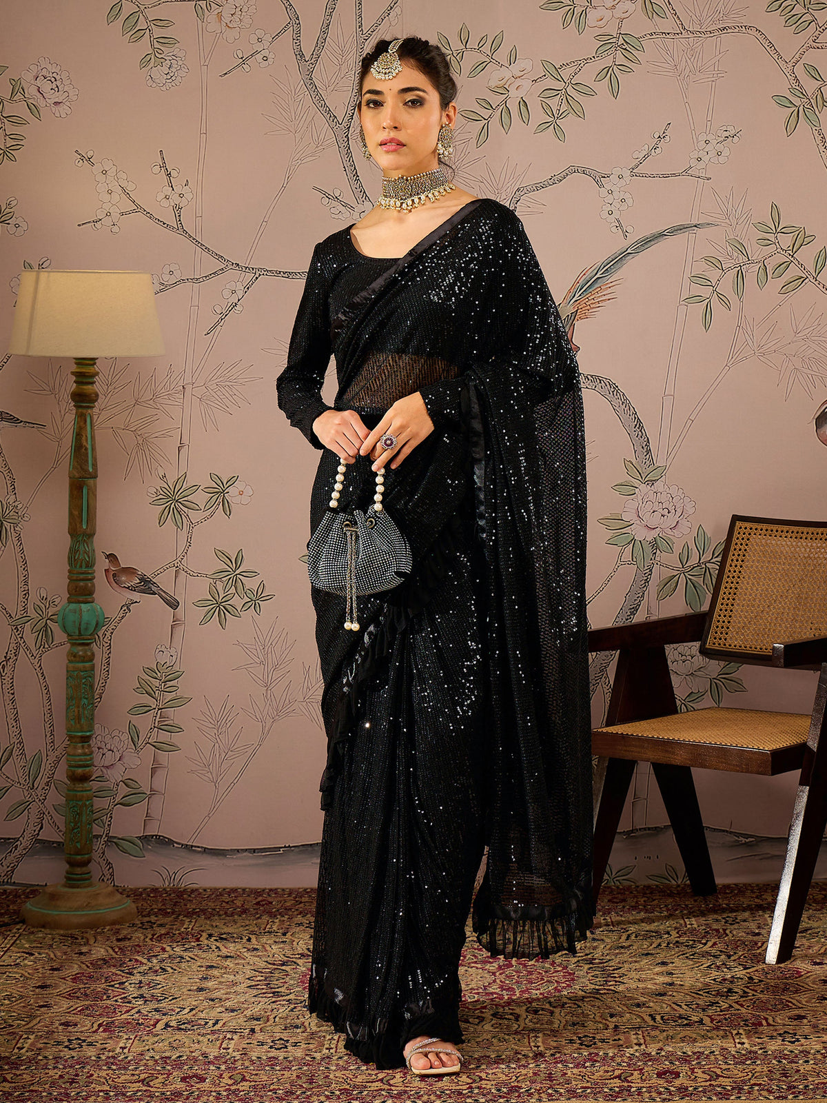 Black Sequins RTW Draped Saree With Unstitched Blouse-Shae by SASSAFRAS