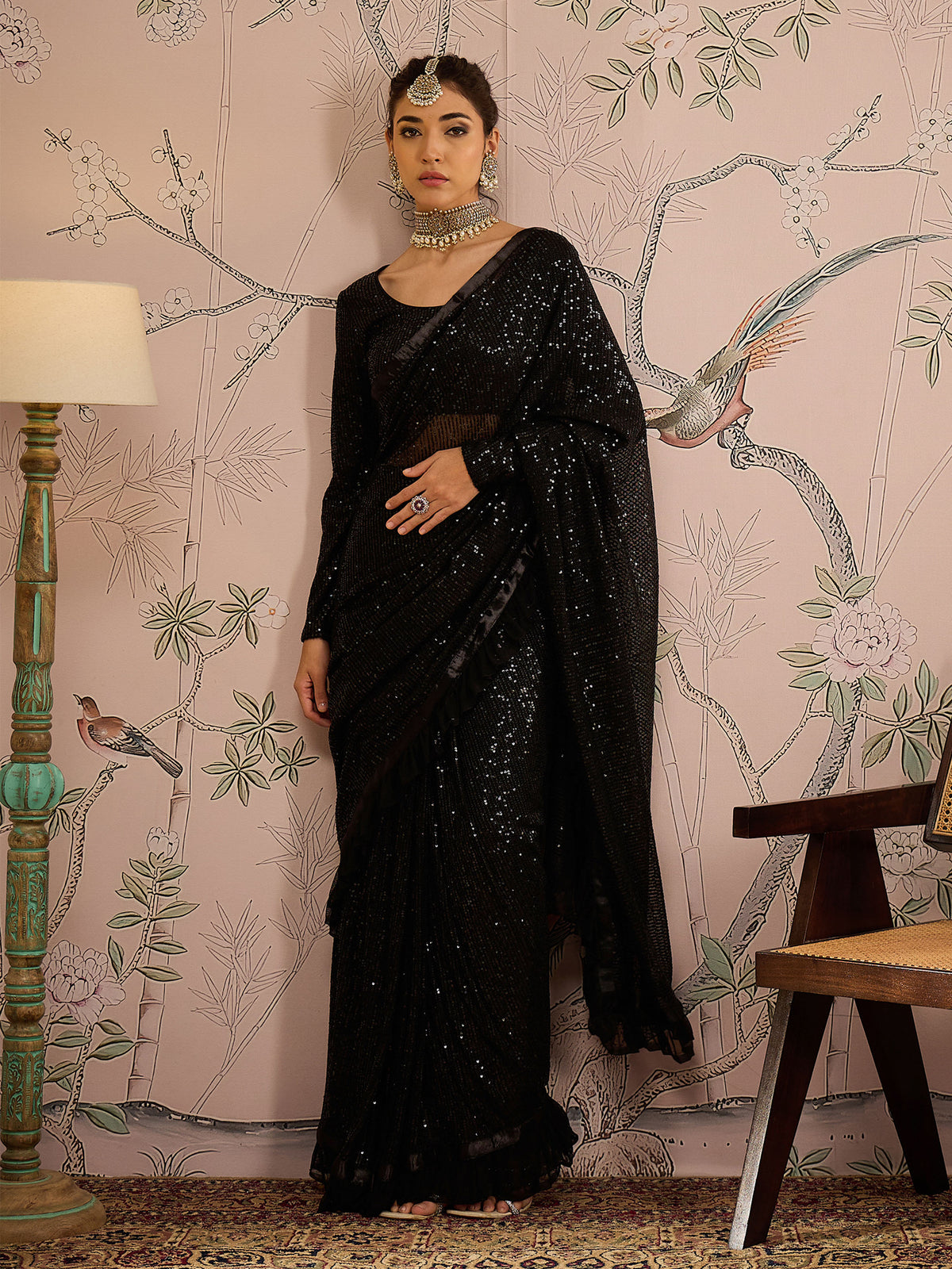 Women Black Sequins RTW Draped Saree With Unstitched Blouse