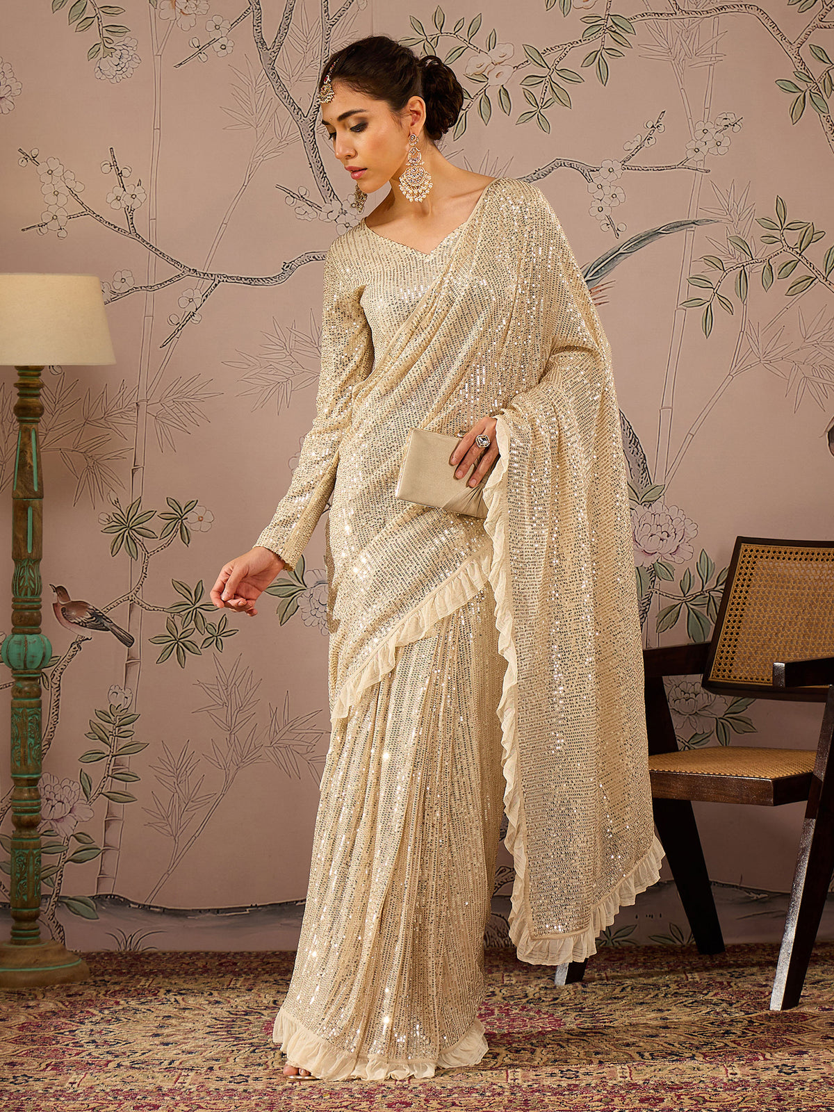 Women Gold Sequins RTW Draped Saree With Unstitched Blouse