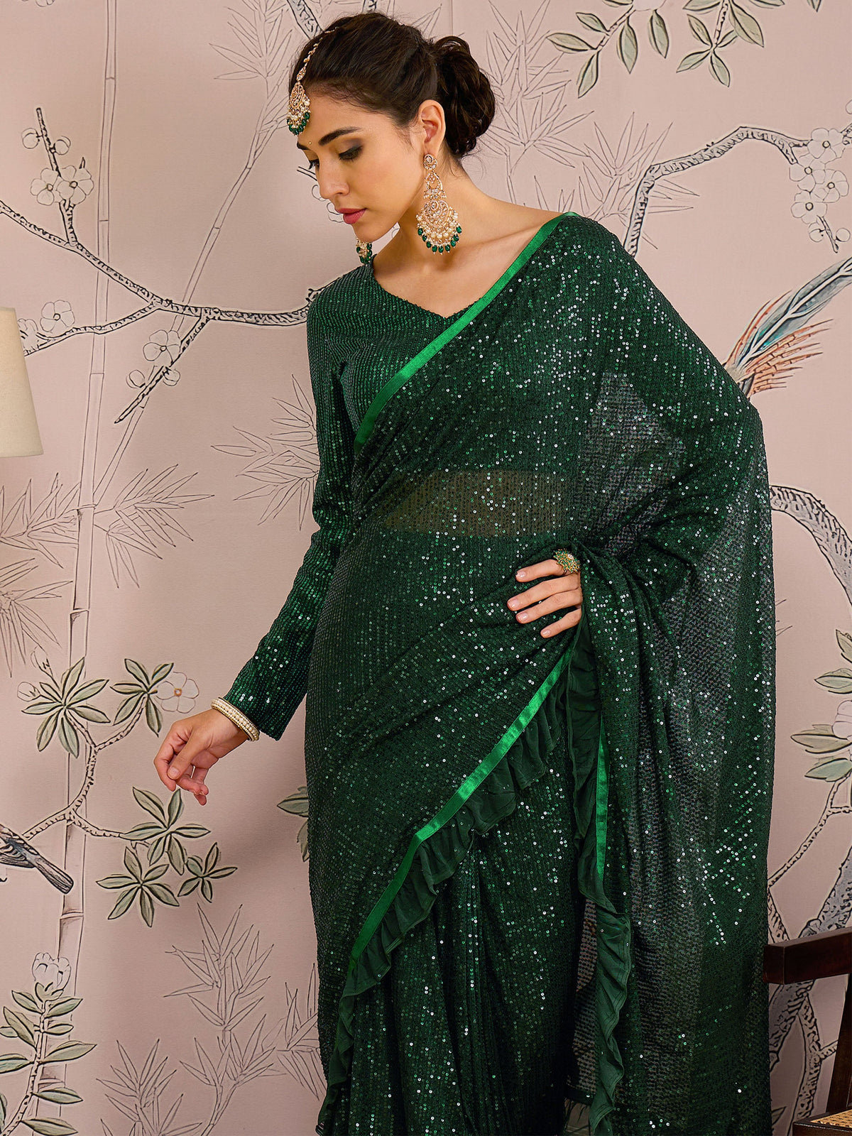 Green Sequins RTW Draped Saree With Unstitched Blouse-Shae by SASSAFRAS