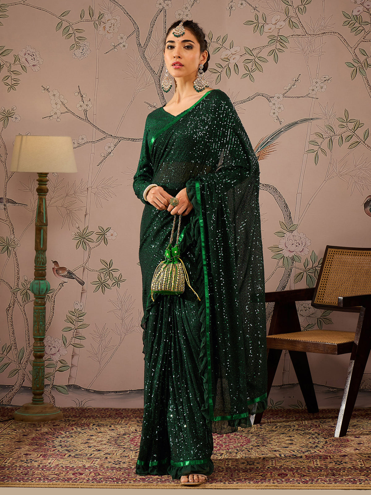 Women Green Sequins RTW Draped Saree With Unstitched Blouse