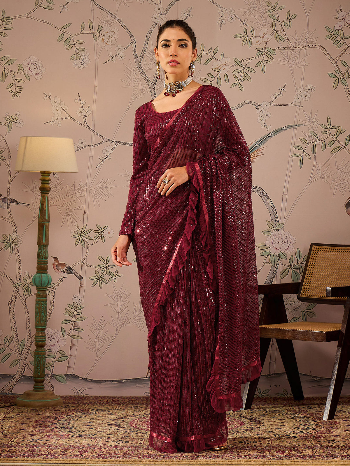 Maroon Sequins RTW Draped Saree With Unstitched Blouse-Shae by SASSAFRAS