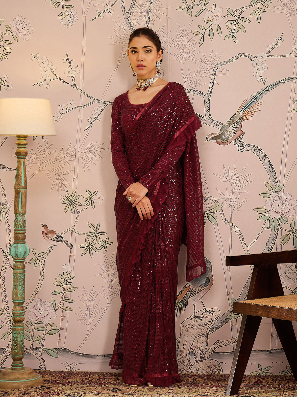 Women Maroon Sequins RTW Draped Saree With Unstitched Blouse