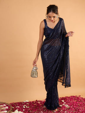 Navy Blue Sequins RTW Draped Saree With Unstitched Blouse-Shae by SASSAFRAS