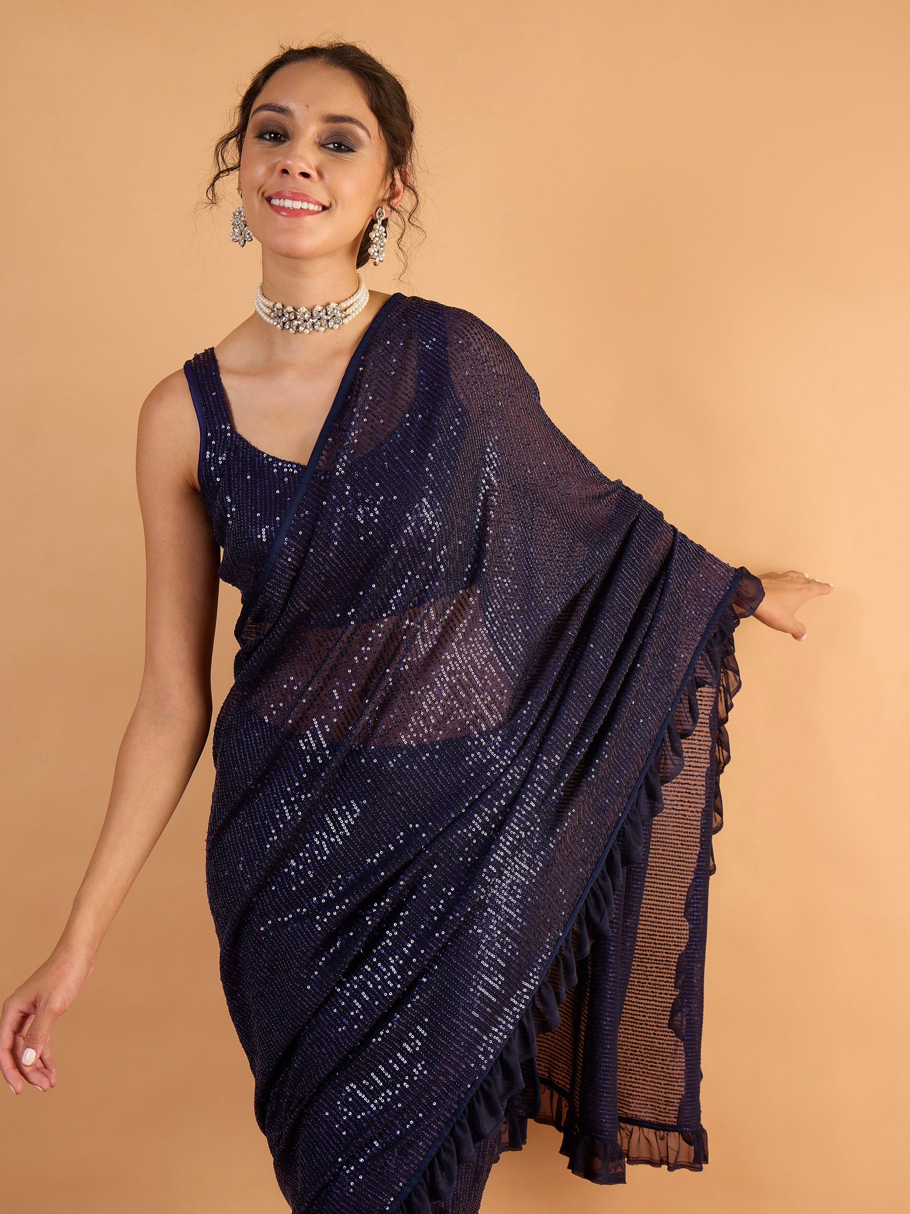 Women Navy Blue Sequins RTW Draped Saree With Unstitched Blouse