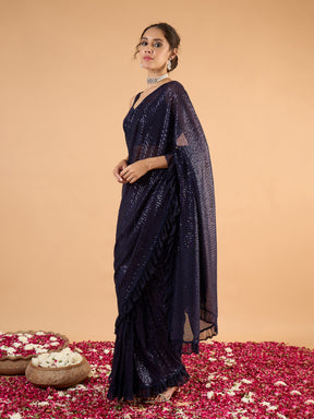 Women Navy Blue Sequins RTW Draped Saree With Unstitched Blouse