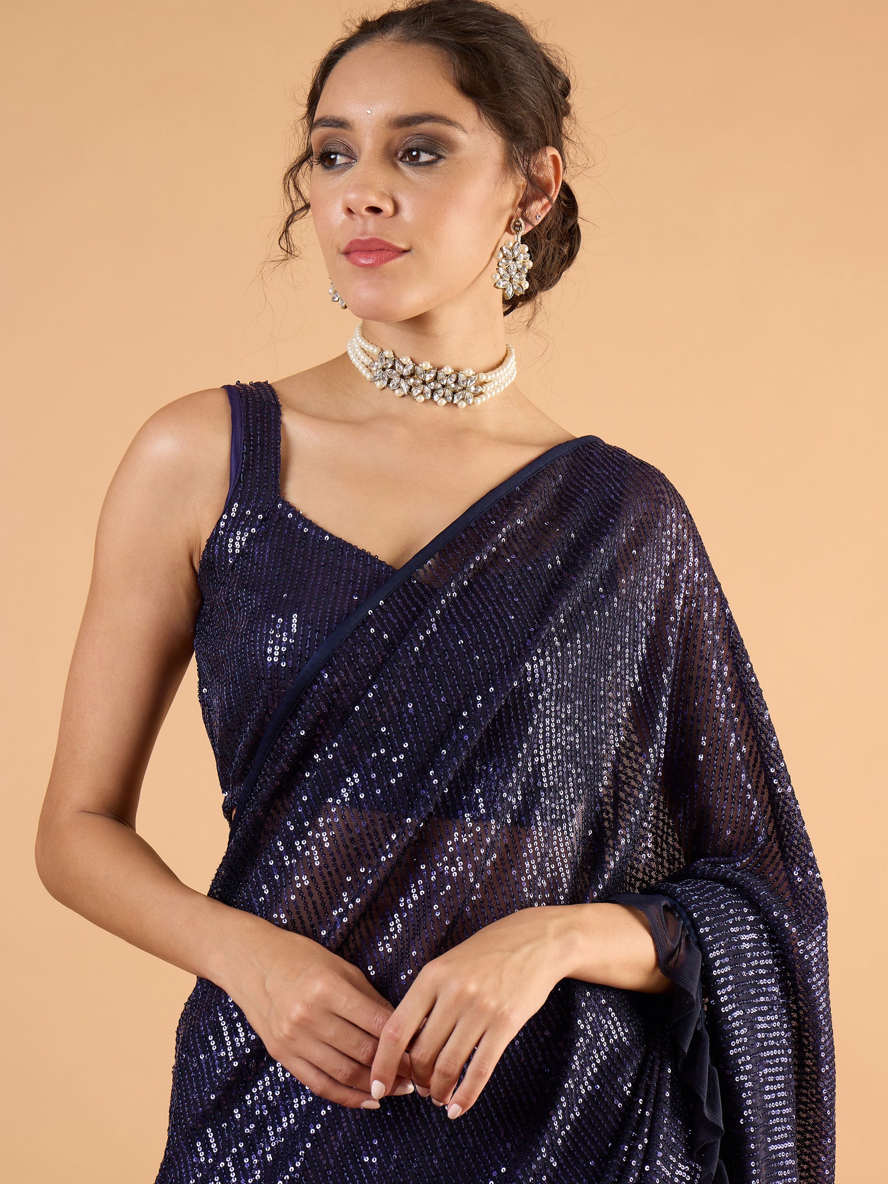 Women Navy Blue Sequins RTW Draped Saree With Unstitched Blouse