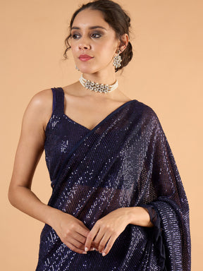 Women Navy Blue Sequins RTW Draped Saree With Unstitched Blouse