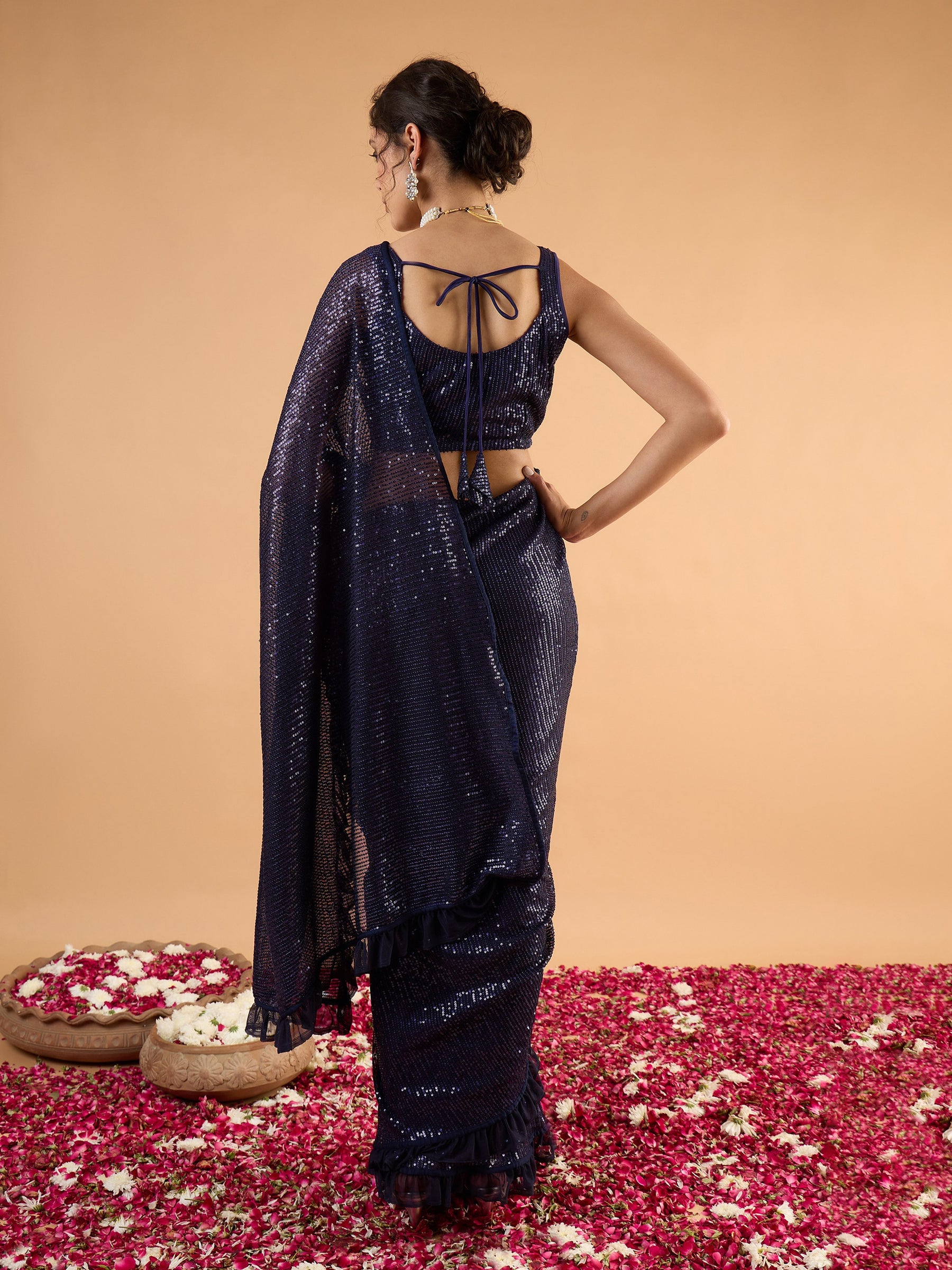 Women Navy Blue Sequins RTW Draped Saree With Unstitched Blouse