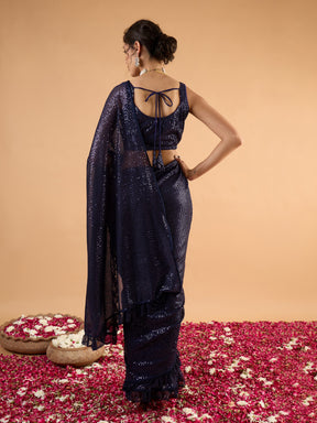 Women Navy Blue Sequins RTW Draped Saree With Unstitched Blouse