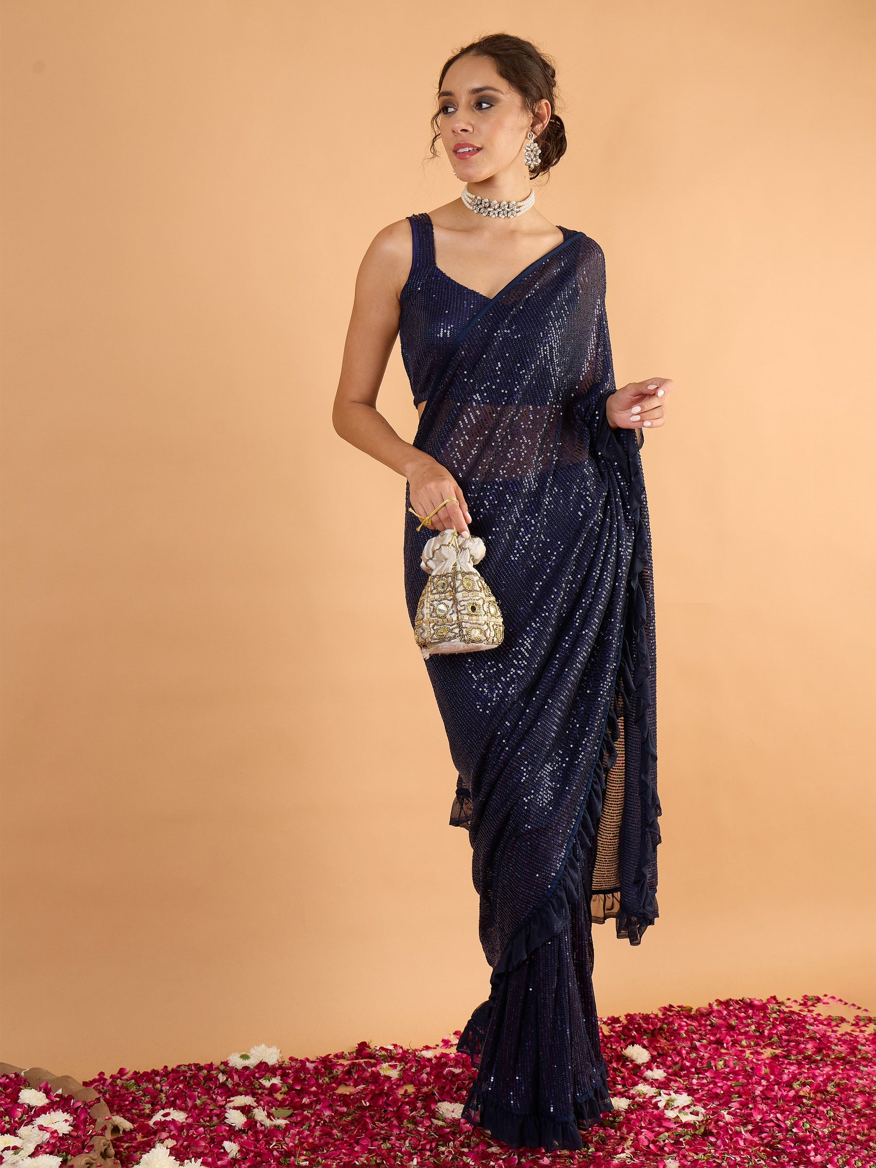 Women Navy Blue Sequins RTW Draped Saree With Unstitched Blouse